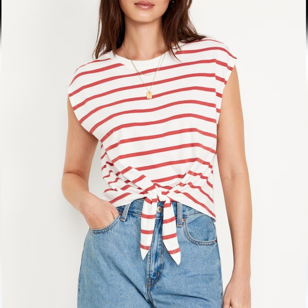 NWT Old Navy EveryWear Tie-Front Top Women's XXL White Red Retro 90s Y2K Casual - Picture 1 of 11